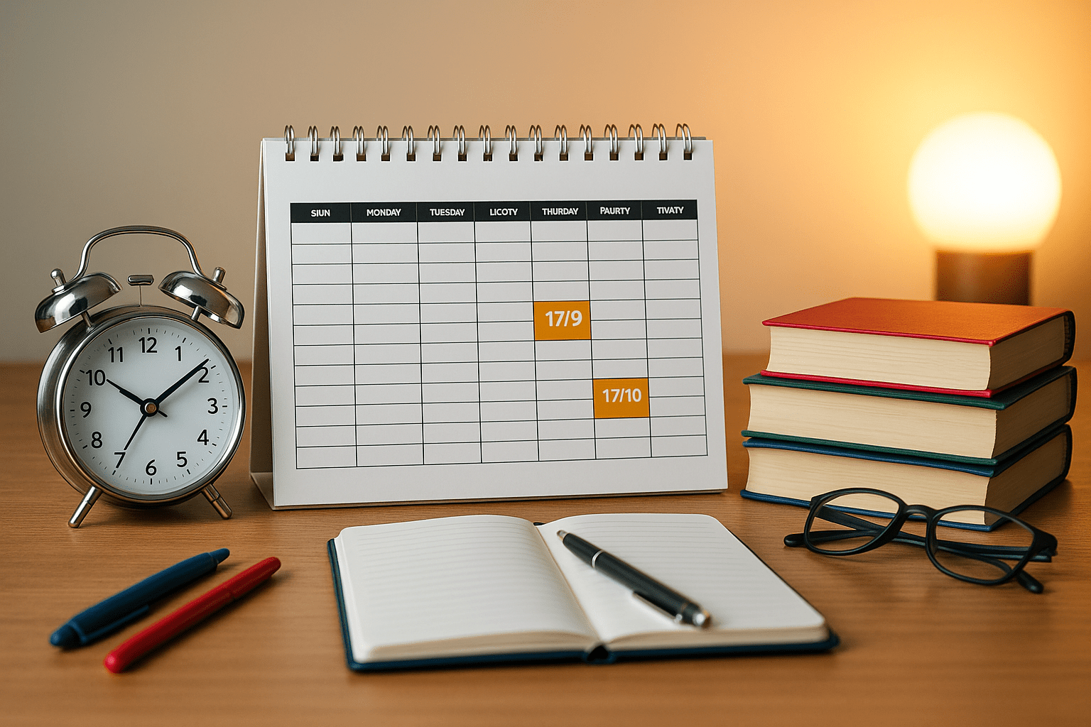 Mesa de estudos com calendário, relógio analógico e materiais de concurseiro para planejamento de estudos do TJ-SP