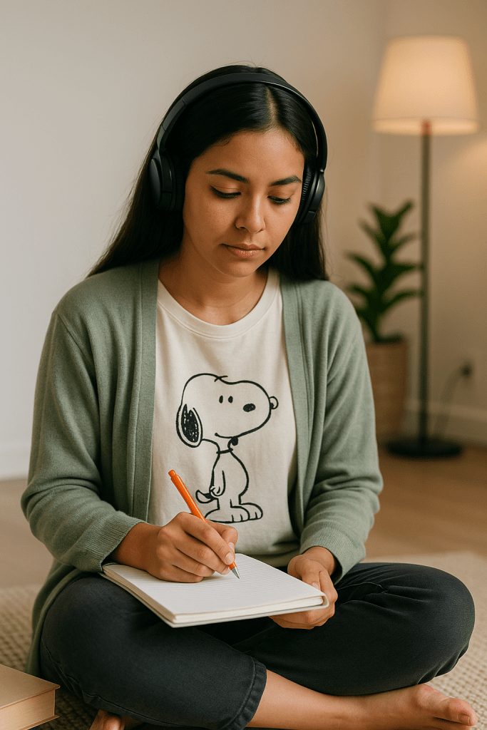 Jovem concurseira sentada no chão, estudando com foco e serenidade, em um ambiente minimalista e organizado.

