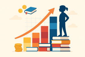 Ilustração em estilo flat com pilhas de livros formando barras de gráfico ascendentes, seta laranja apontando para cima, moedas e silhueta de estudante sobre os livros — metáfora dos ‘juros compostos’ de conhecimento para acelerar a aprovação no TJSP