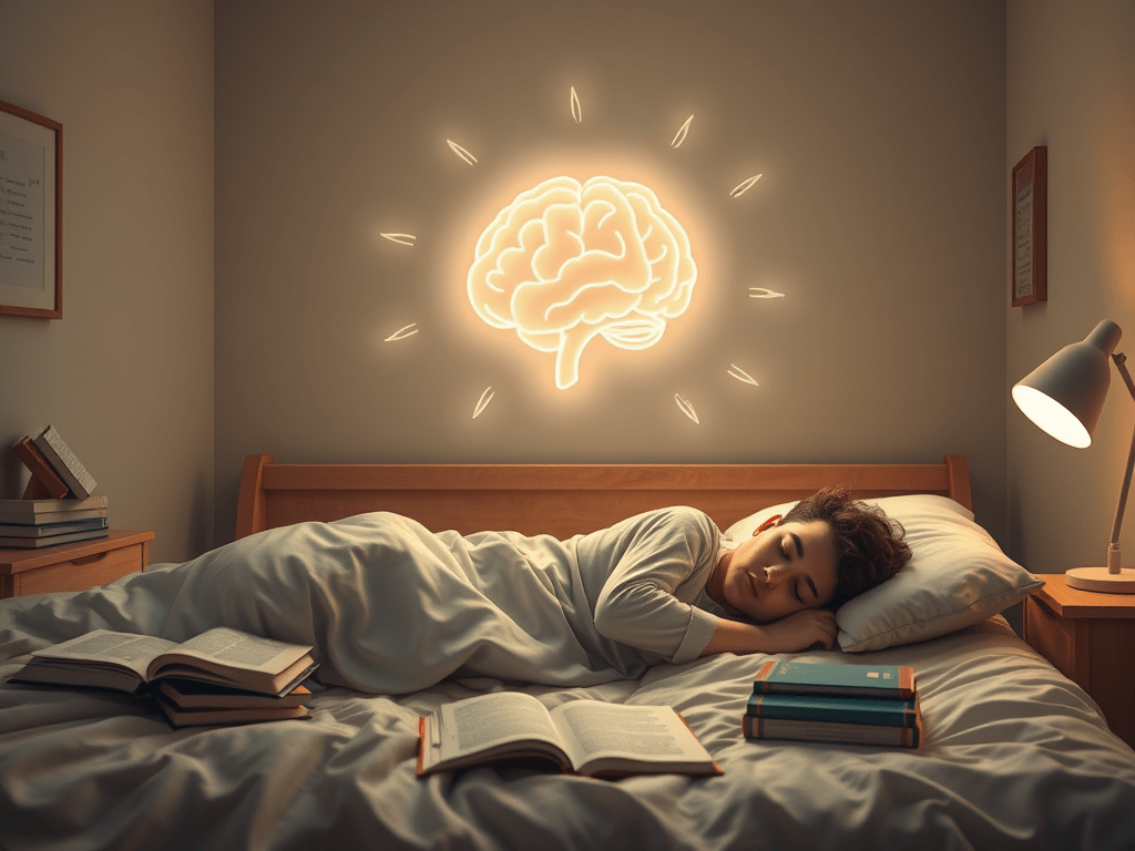 Concurseiro dormindo tranquilamente ao lado de livros, com um cérebro brilhante acima, simbolizando a consolidação da memória e o aprendizado eficaz através do sono para a aprovação em concursos públicos.