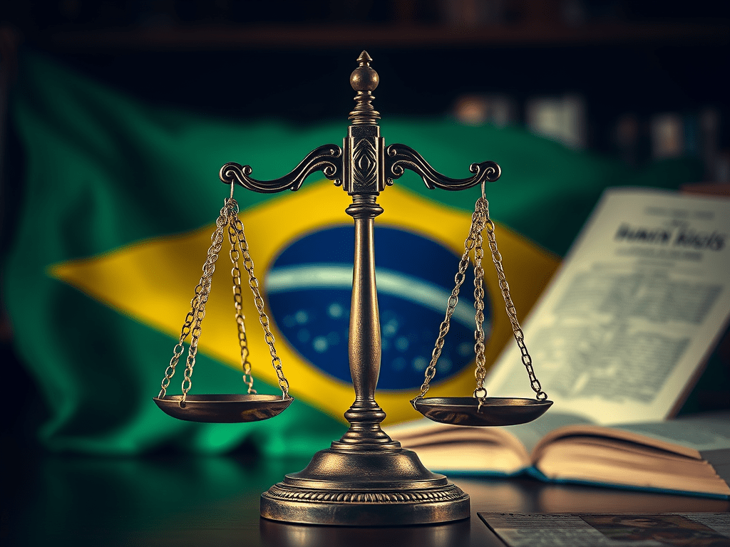 Balança da justiça em frente à bandeira do Brasil, simbolizando o debate jurídico sobre a pena de morte no país.